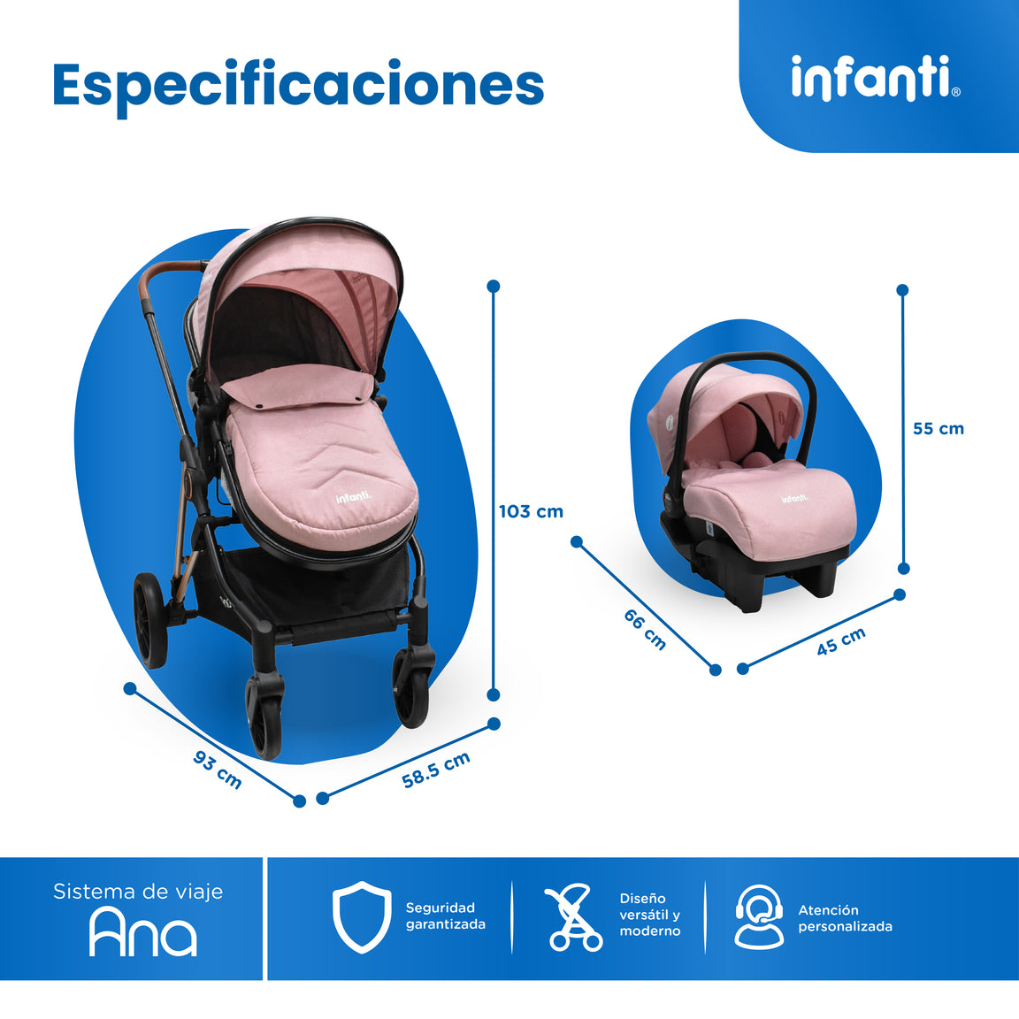 Carriola Travel System Ana Asiento Reversible Convertible en Bambineto, Portabebé Autoasiento y Base, Plegado Compacto, Arnés de 5 Puntos, Toldo con Ventanilla, Cubrepiés y Canastilla Infanti