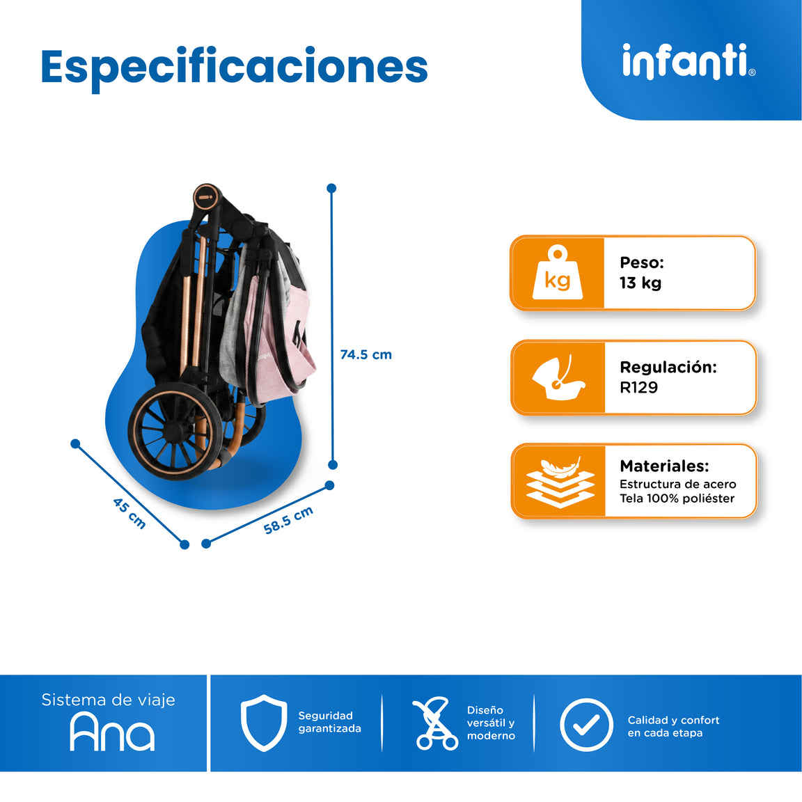 Carriola Travel System Ana Asiento Reversible Convertible en Bambineto, Portabebé Autoasiento y Base, Plegado Compacto, Arnés de 5 Puntos, Toldo con Ventanilla, Cubrepiés y Canastilla Infanti