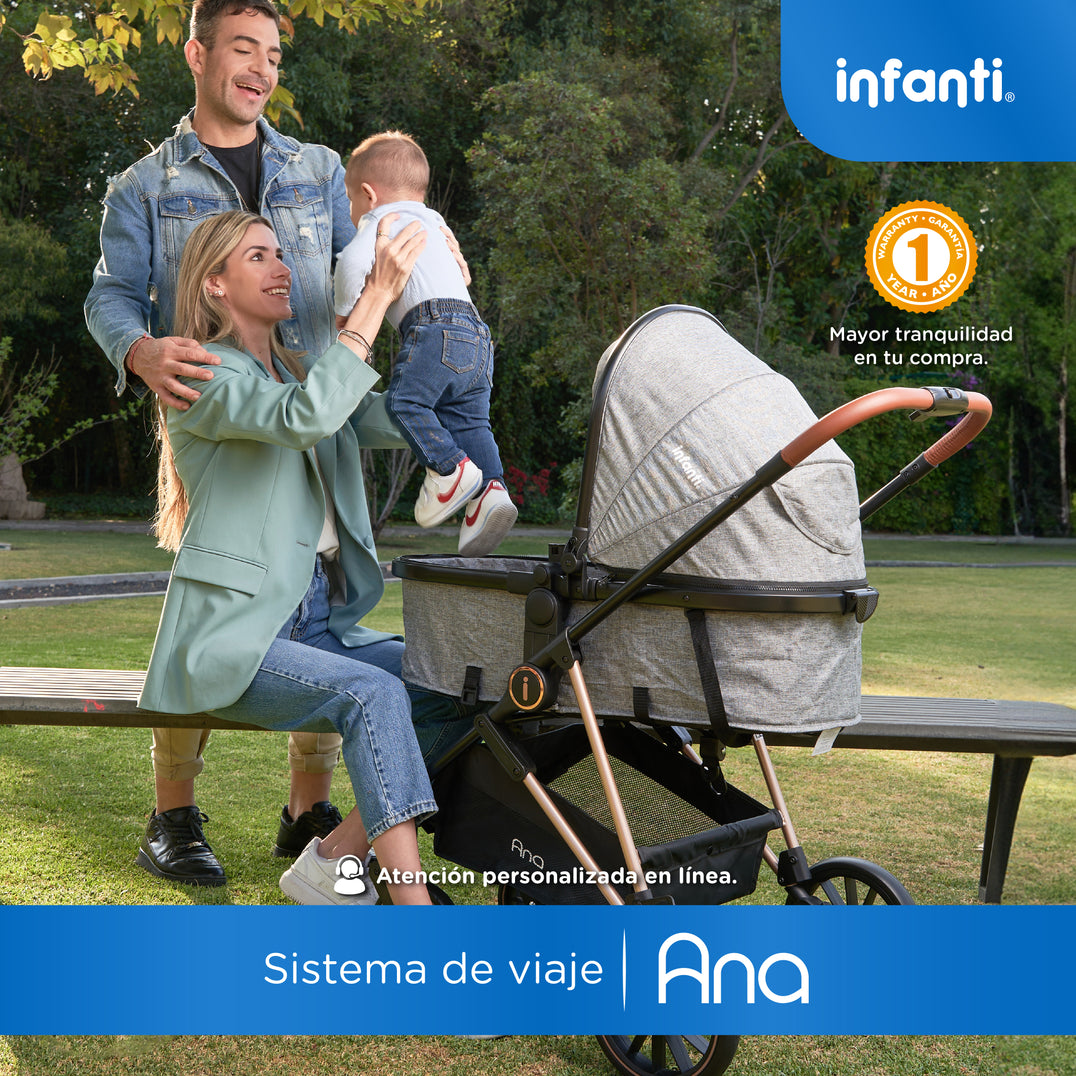 Carriola Travel System Ana Asiento Reversible Convertible en Bambineto, Portabebé Autoasiento y Base, Plegado Compacto, Arnés de 5 Puntos, Toldo con Ventanilla, Cubrepiés y Canastilla Infanti