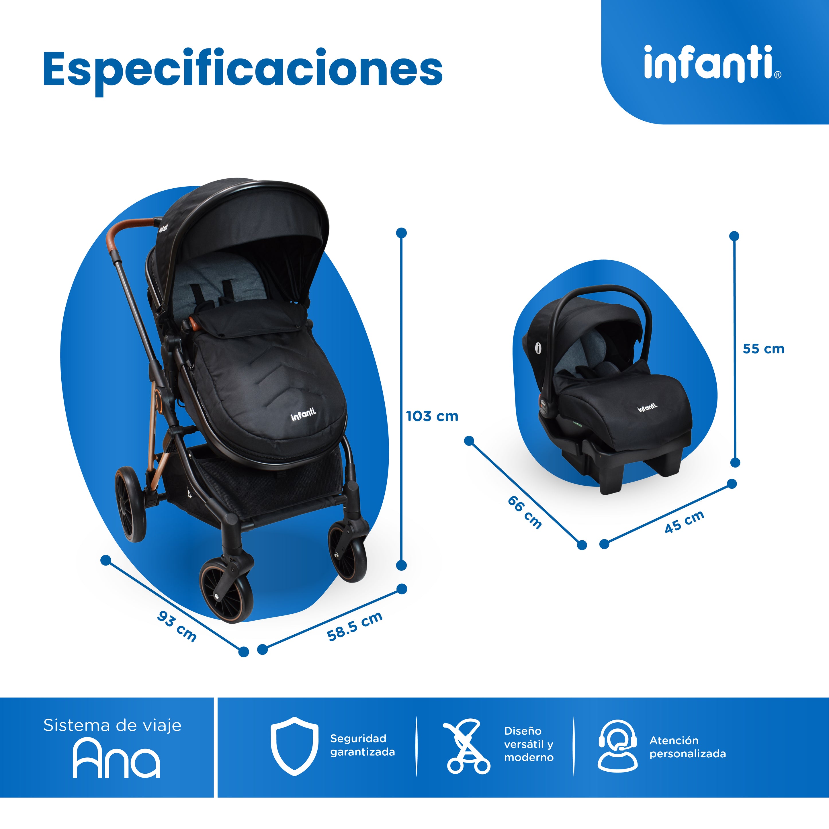 Carriola Travel System Ana Asiento Reversible Convertible en Bambineto, Portabebé Autoasiento y Base, Plegado Compacto, Arnés de 5 Puntos, Toldo con Ventanilla, Cubrepiés y Canastilla Infanti