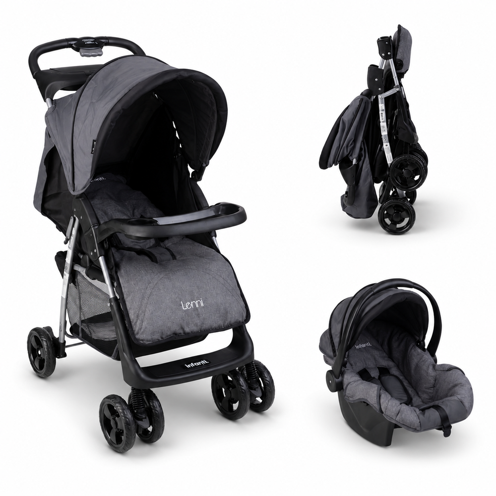 Carriola Travel System Lenni Hasta 15 kg Con Portabebé Autoasiento, Plegado a Una Mano, Reclinado Ajustable, Toldo con Visera, Arnés de Seguridad, Charolas, Canastilla y Frenos Infanti.