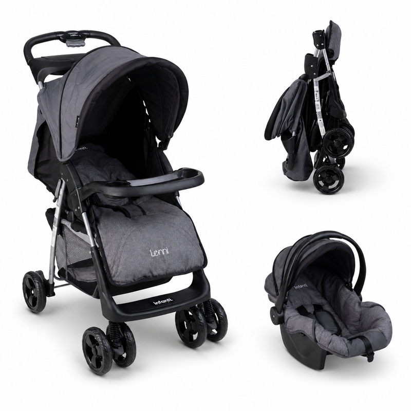 Carriola Travel System Lenni Hasta 15 kg Con Portabebé Autoasiento, Plegado a Una Mano, Reclinado Ajustable, Toldo con Visera, Arnés de Seguridad, Charolas, Canastilla y Frenos Infanti.