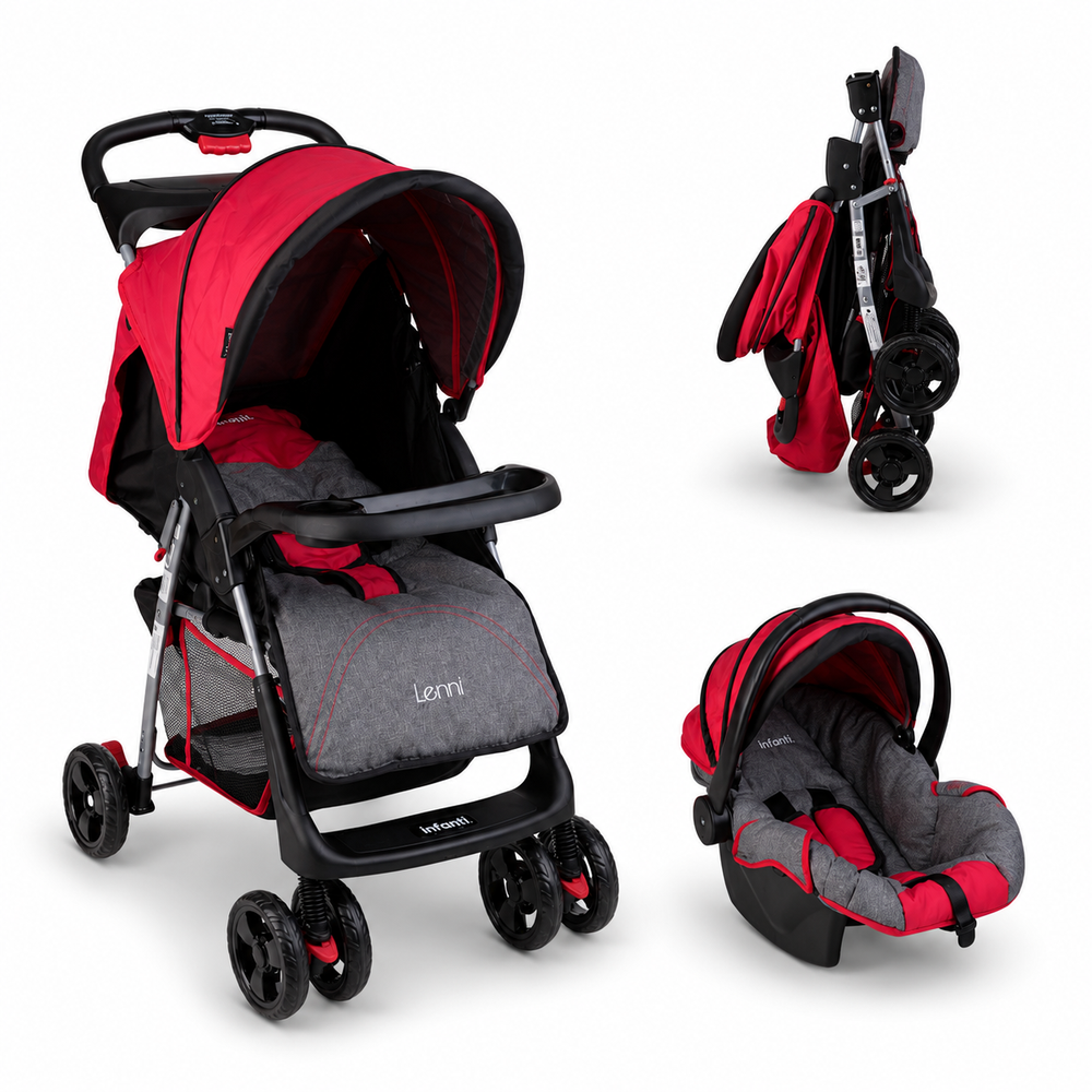 Carriola Travel System Lenni Hasta 15 kg Con Portabebé Autoasiento, Plegado a Una Mano, Reclinado Ajustable, Toldo con Visera, Arnés de Seguridad, Charolas, Canastilla y Frenos Infanti.