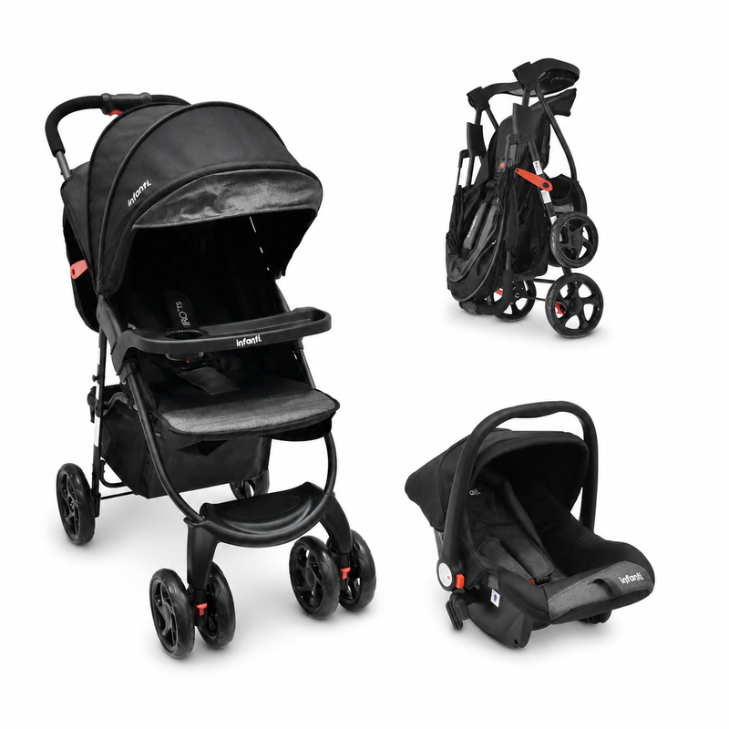 Carriola Travel System Hiro TS Con Portabebé, Plegado a una Mano, Arnés De 5 Puntos, Reclinaciones, Toldo Completo, Charola Con Portavasos y Frenos. Desde Recién Nacido. Hasta 15 kg, Infanti