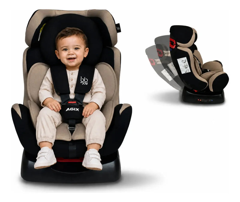 Autoasiento Evolutivo Agix Beige Con Negro De Recién Nacido Hasta 25 kg, Reclinable, Arnés de 5 Puntos, Acolchado, Funda Lavable, Instalación Reversa y Frontal, Certificación ECE R44/04, Bb Joy