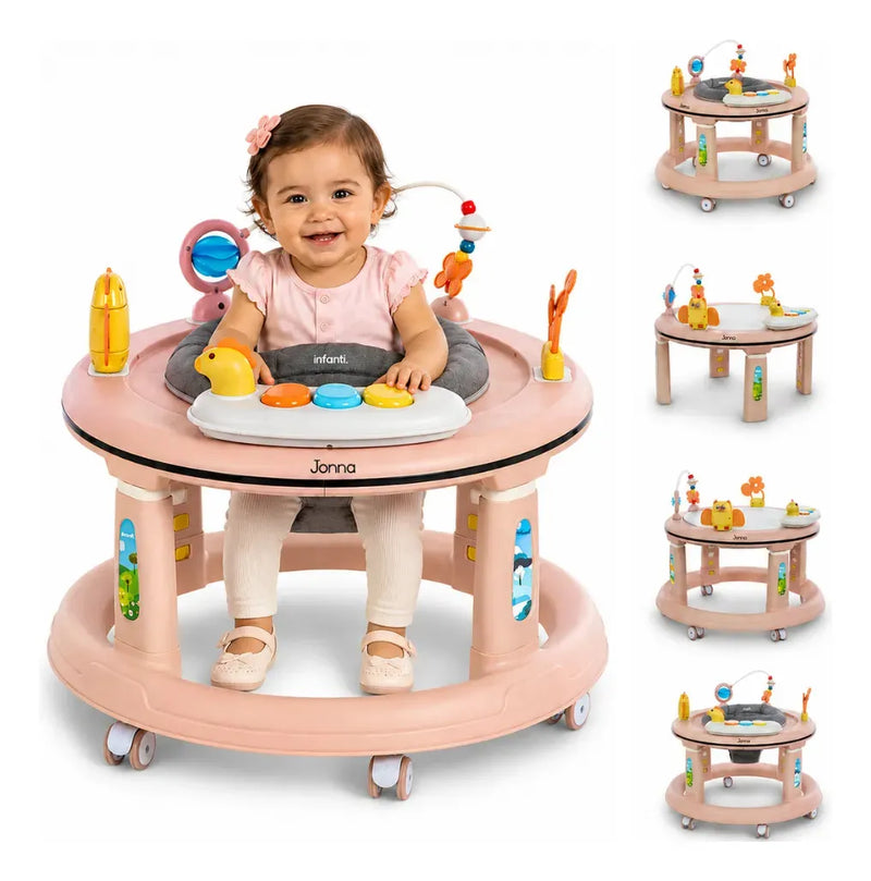 Andadera 4 en 1 Jonna Con Centro de Entretenimiento, Mesita Interactiva y Mesa de Juegos, Asiento Giratorio 360°, Altura Ajustable, Tapete Desmontable con Luz y Sonido, 12 kg max, Infanti