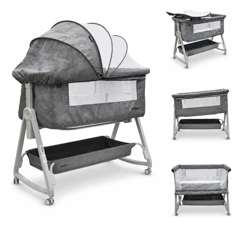 Cuna Corral Con Mosquitero, Davy Plus, Gris, Cambiador Desmontable, Colecho Lateral Abatible, Mecedora, Colchoneta Suave, Altura Ajustable, Inclinación Antirreflujo Organizador de Accesorios, Infanti