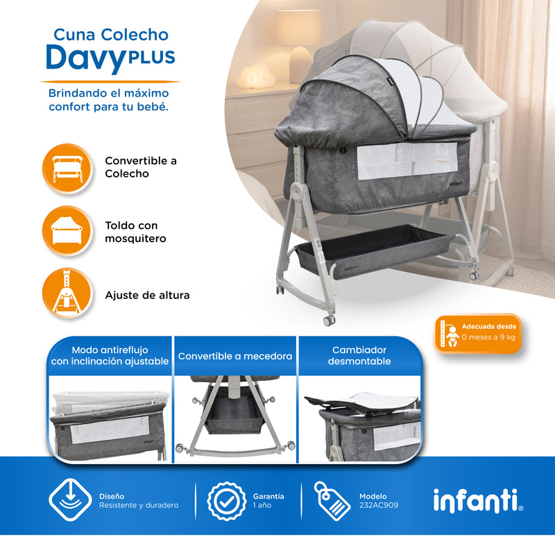 Cuna Corral Con Mosquitero, Davy Plus, Gris, Cambiador Desmontable, Colecho Lateral Abatible, Mecedora, Colchoneta Suave, Altura Ajustable, Inclinación Antirreflujo Organizador de Accesorios, Infanti