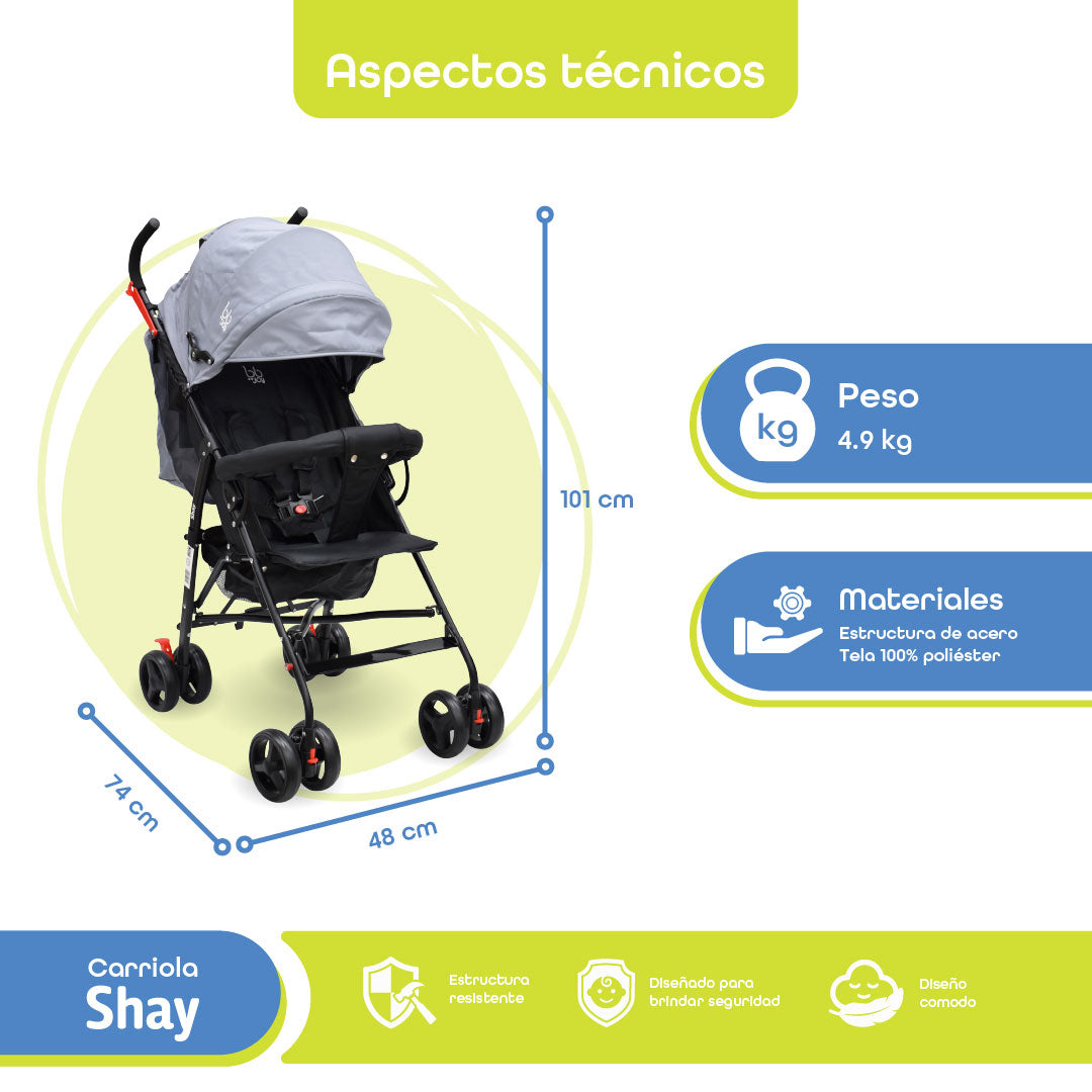 BB Joy Carriola Shay Ligera Plegable Gris Con Barra Y Toldo