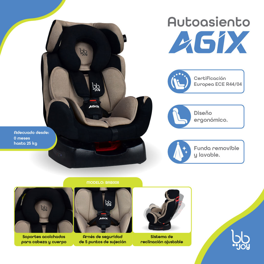 Autoasiento Evolutivo Agix Beige Con Negro De Recién Nacido Hasta 25 kg, Reclinable, Arnés de 5 Puntos, Acolchado, Funda Lavable, Instalación Reversa y Frontal, Certificación ECE R44/04, Bb Joy