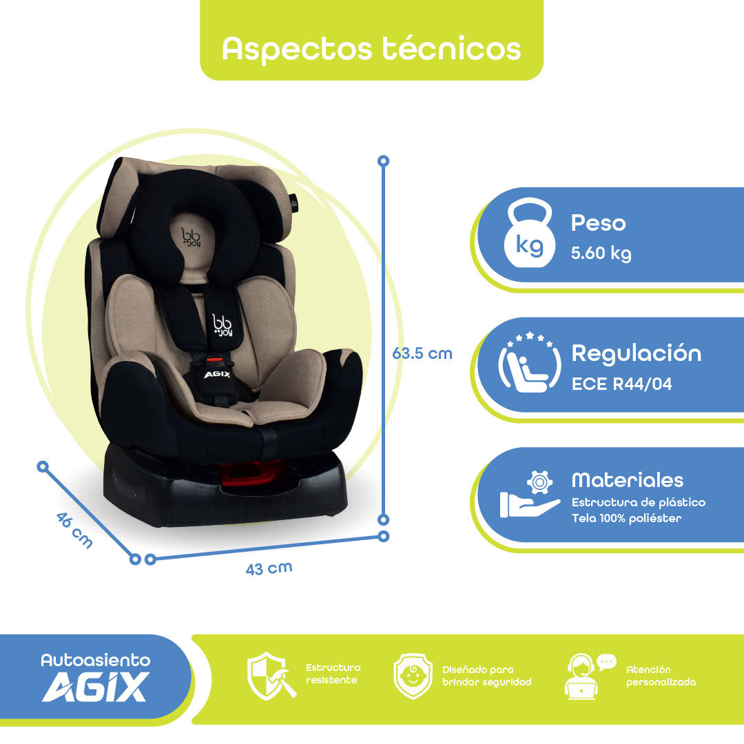 Autoasiento Evolutivo Agix Beige Con Negro De Recién Nacido Hasta 25 kg, Reclinable, Arnés de 5 Puntos, Acolchado, Funda Lavable, Instalación Reversa y Frontal, Certificación ECE R44/04, Bb Joy