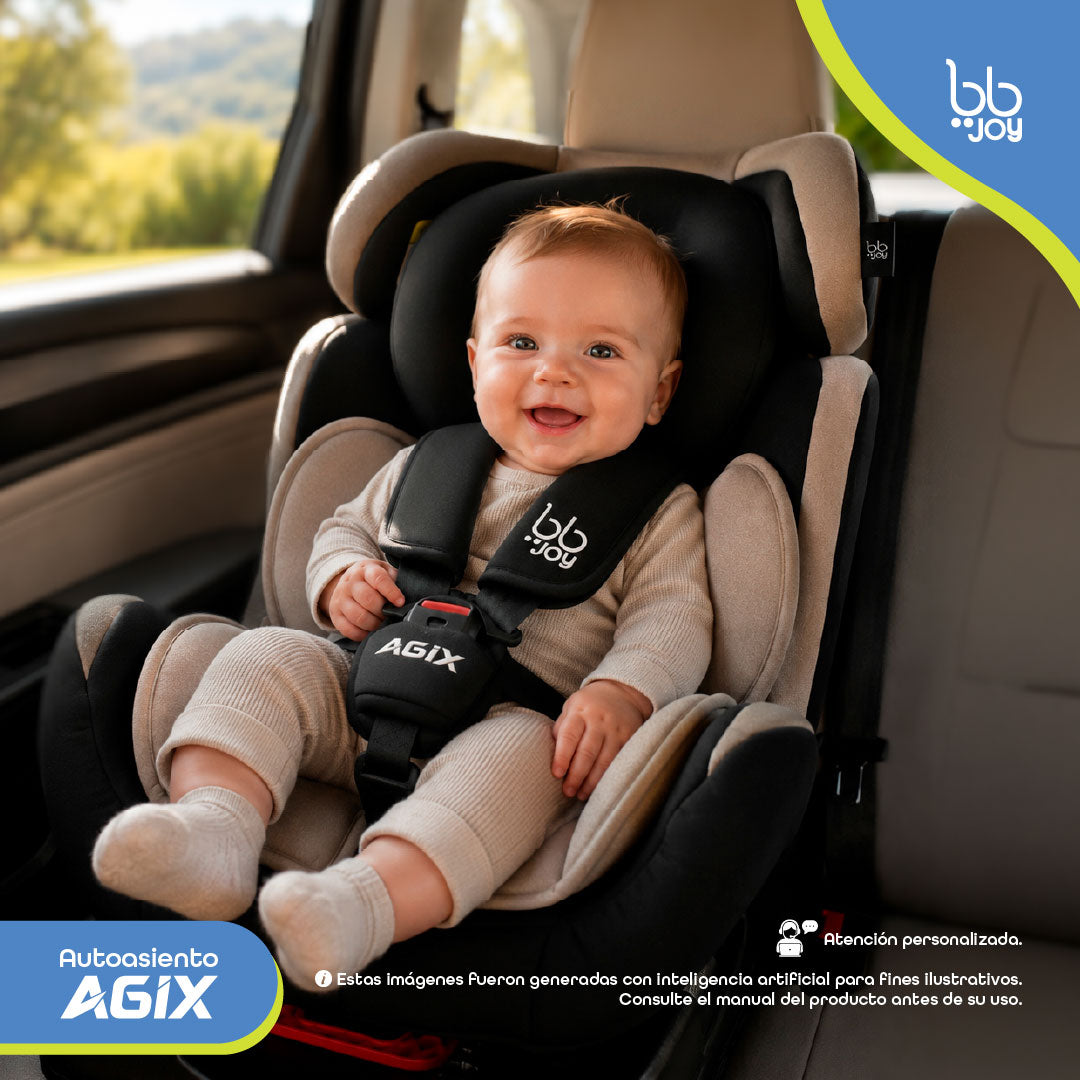 Autoasiento Evolutivo Agix Beige Con Negro De Recién Nacido Hasta 25 kg, Reclinable, Arnés de 5 Puntos, Acolchado, Funda Lavable, Instalación Reversa y Frontal, Certificación ECE R44/04, Bb Joy
