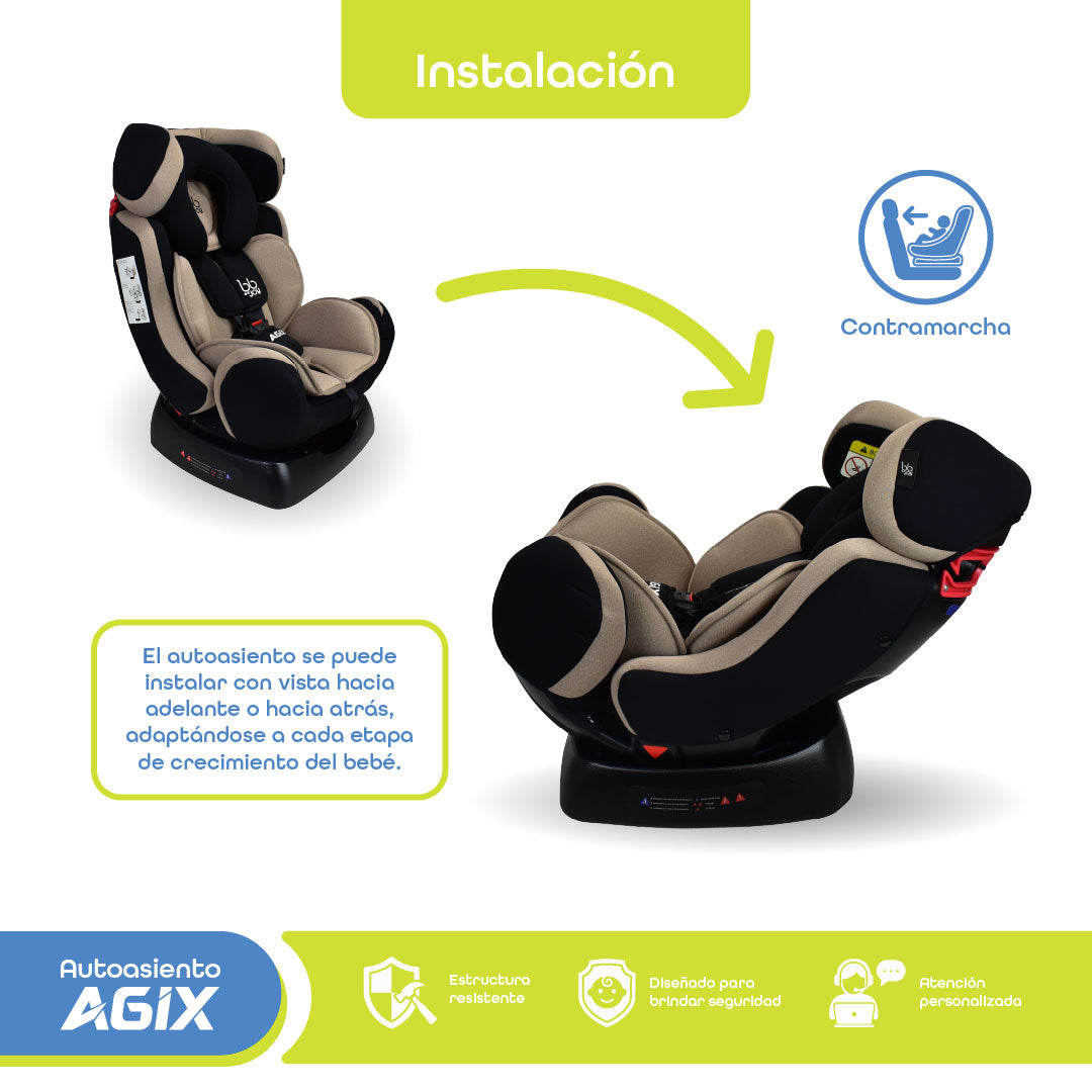Autoasiento Evolutivo Agix Beige Con Negro De Recién Nacido Hasta 25 kg, Reclinable, Arnés de 5 Puntos, Acolchado, Funda Lavable, Instalación Reversa y Frontal, Certificación ECE R44/04, Bb Joy