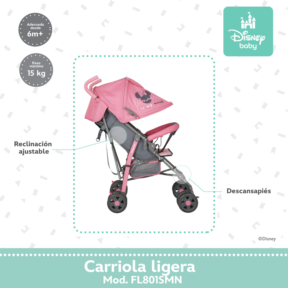 Carriola de Bastón Minnie Con Plegado Compacto y Reclinación Ajustable