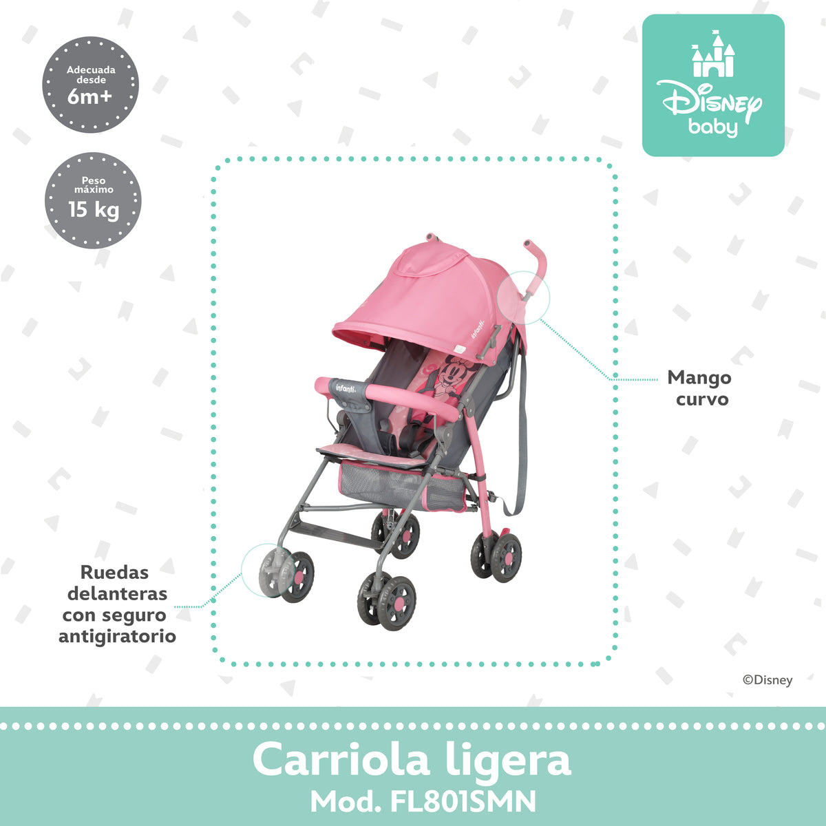 Carriola de Bastón Minnie Con Plegado Compacto y Reclinación Ajustable