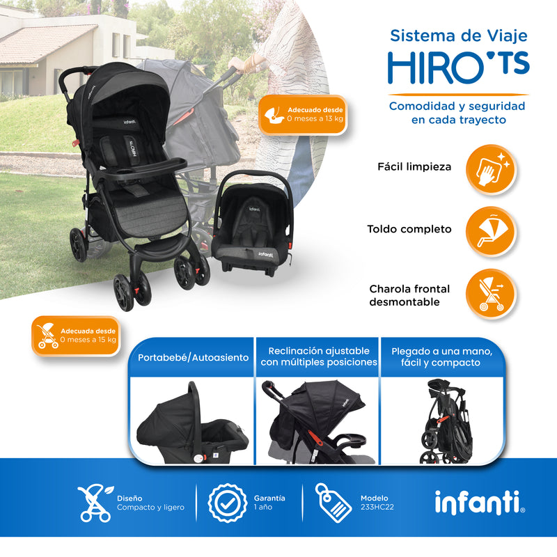 Carriola Travel System Hiro TS Con Portabebé, Plegado a una Mano, Arnés De 5 Puntos, Reclinaciones, Toldo Completo, Charola Con Portavasos y Frenos. Desde Recién Nacido. Hasta 15 kg, Infanti