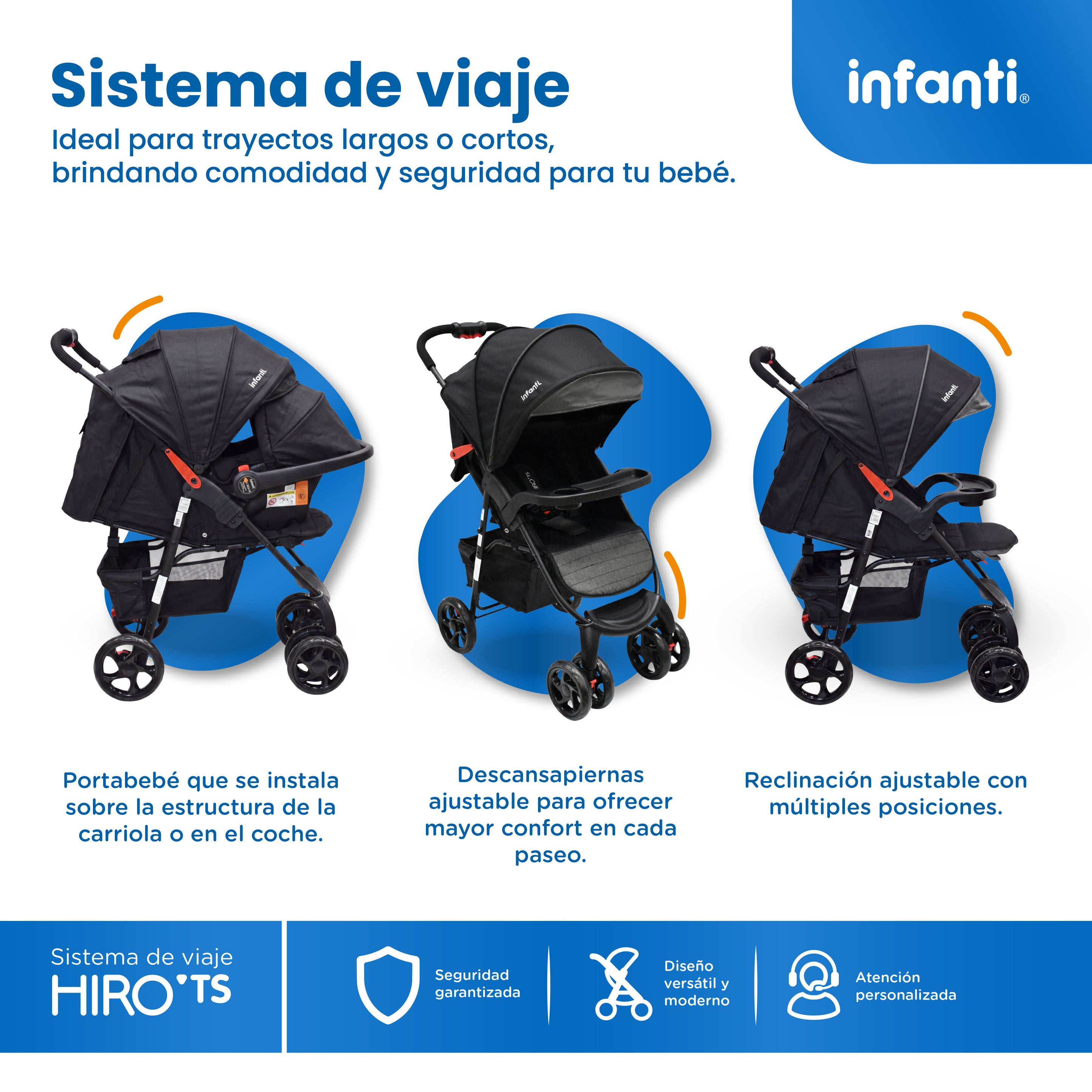 Carriola Travel System Hiro TS Con Portabebé, Plegado a una Mano, Arnés De 5 Puntos, Reclinaciones, Toldo Completo, Charola Con Portavasos y Frenos. Desde Recién Nacido. Hasta 15 kg, Infanti