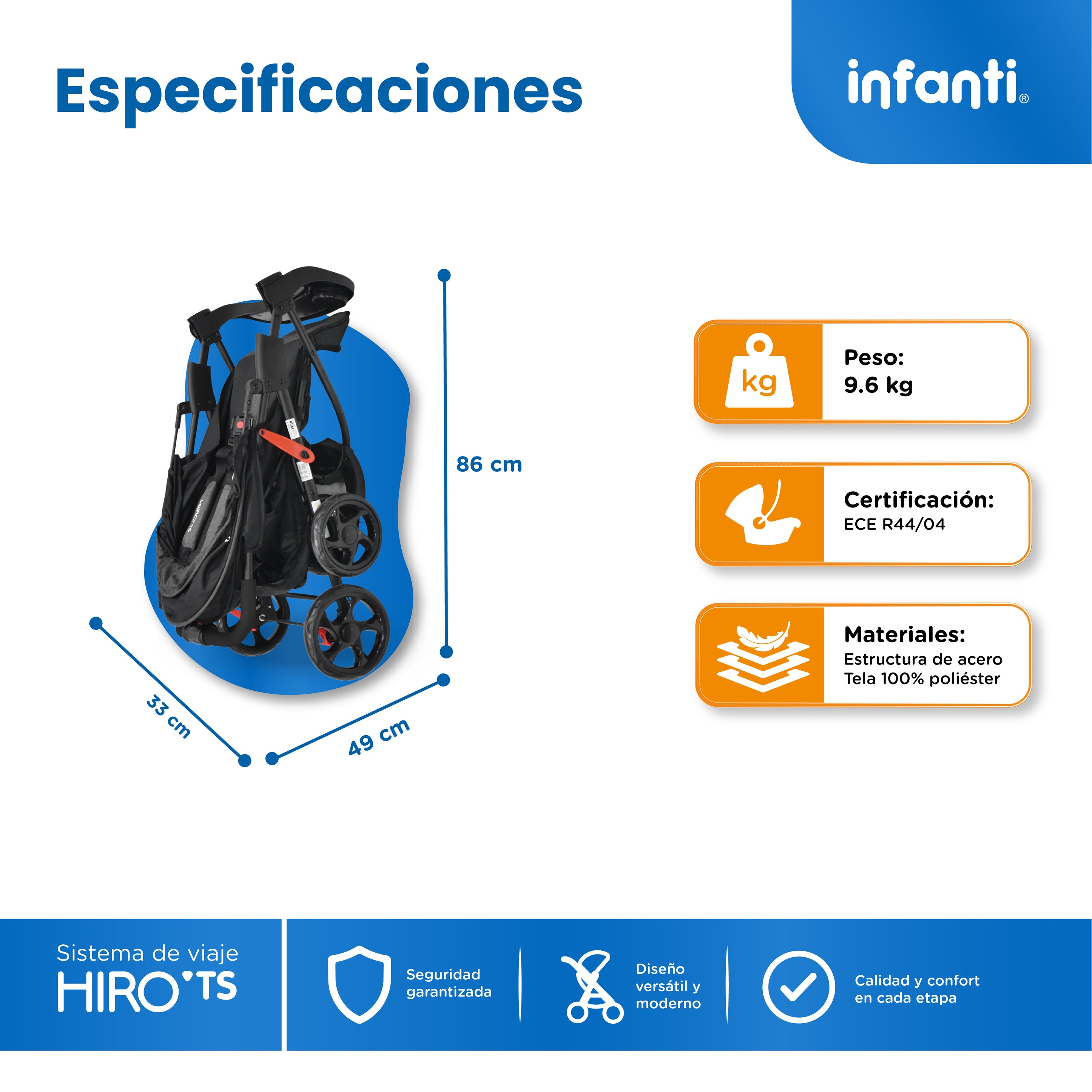 Carriola Travel System Hiro TS Con Portabebé, Plegado a una Mano, Arnés De 5 Puntos, Reclinaciones, Toldo Completo, Charola Con Portavasos y Frenos. Desde Recién Nacido. Hasta 15 kg, Infanti
