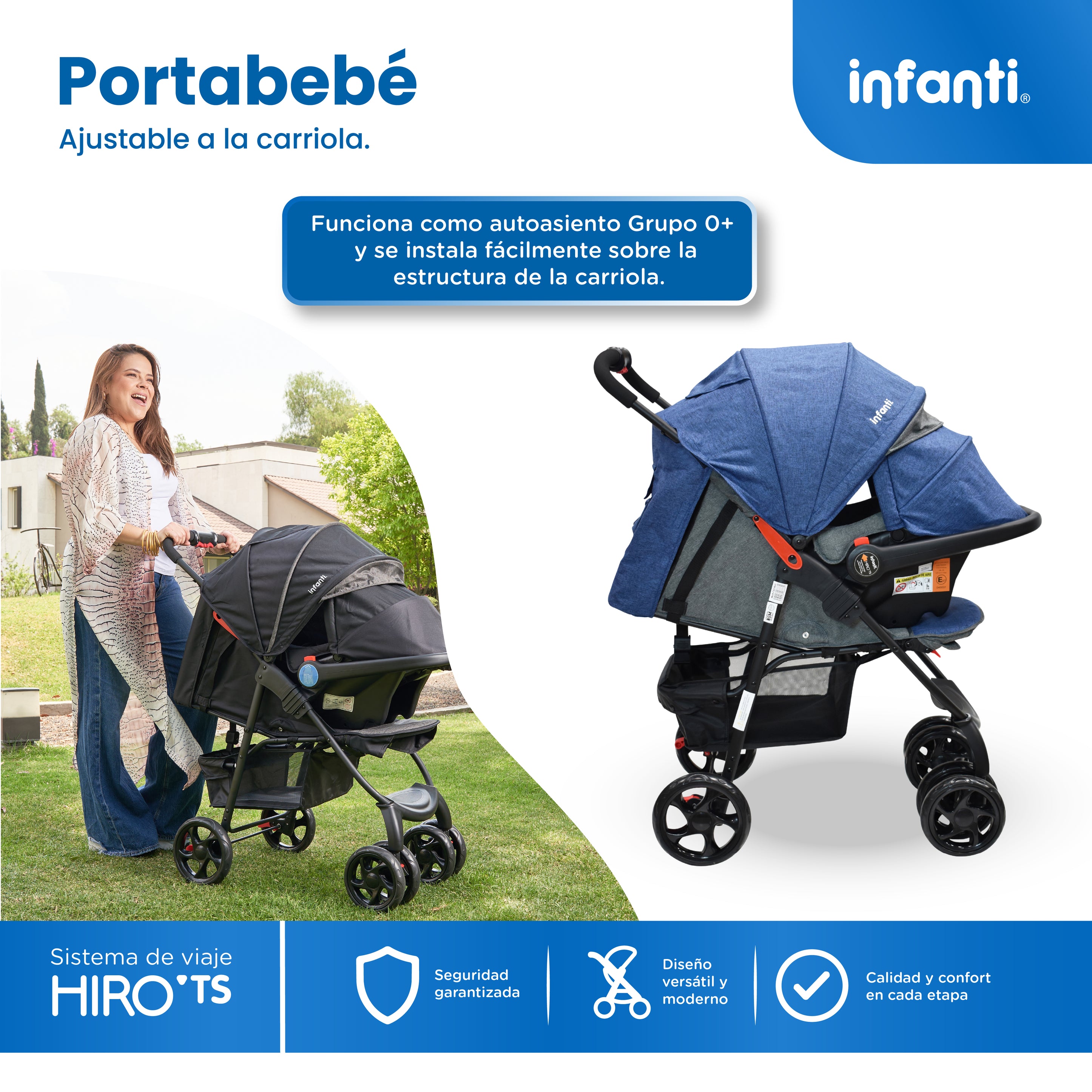 Carriola Travel System Hiro TS Con Portabebé, Plegado a una Mano, Arnés De 5 Puntos, Reclinaciones, Toldo Completo, Charola Con Portavasos y Frenos. Desde Recién Nacido. Hasta 15 kg, Infanti