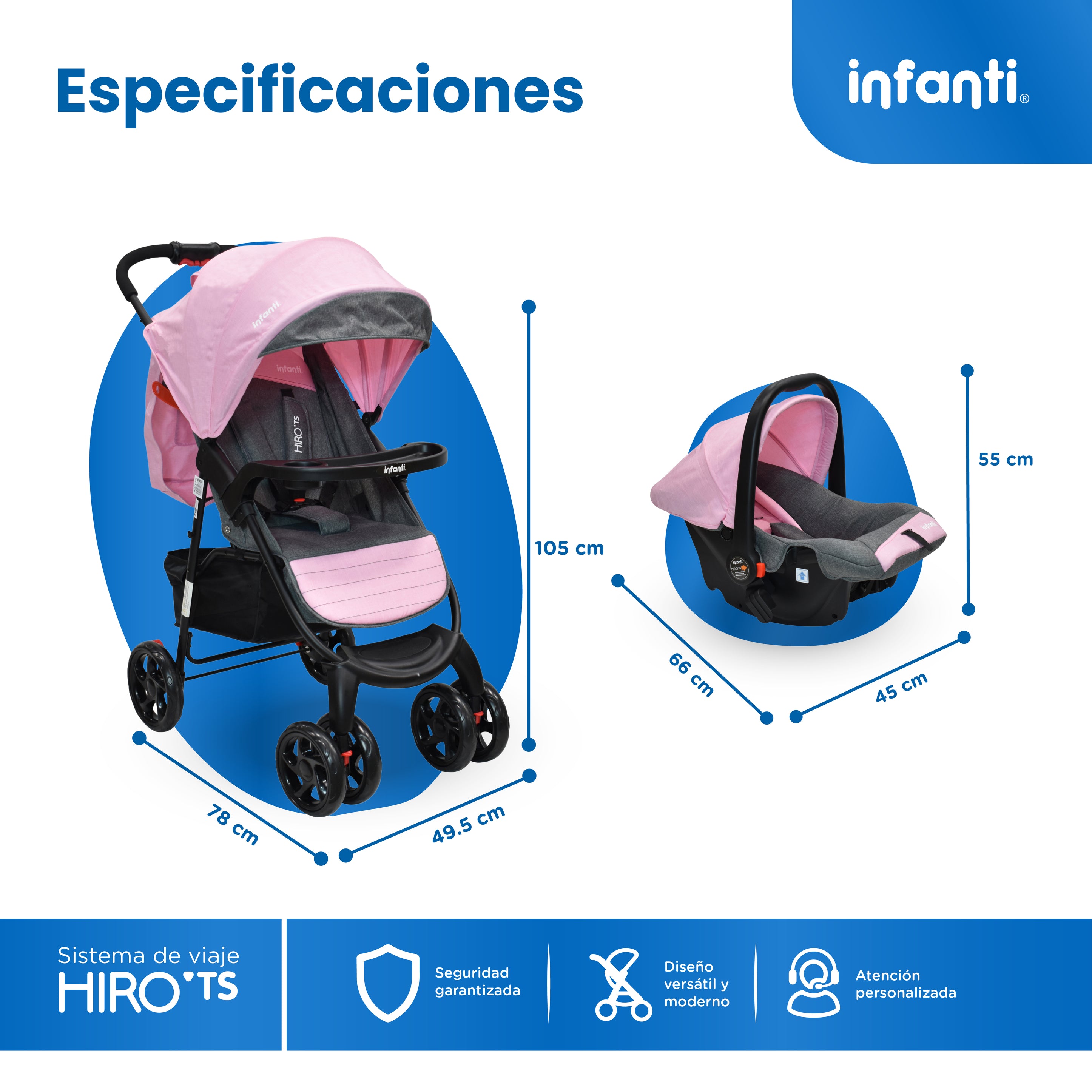 Carriola Travel System Hiro TS Con Portabebé, Plegado a una Mano, Arnés De 5 Puntos, Reclinaciones, Toldo Completo, Charola Con Portavasos y Frenos. Desde Recién Nacido. Hasta 15 kg, Infanti