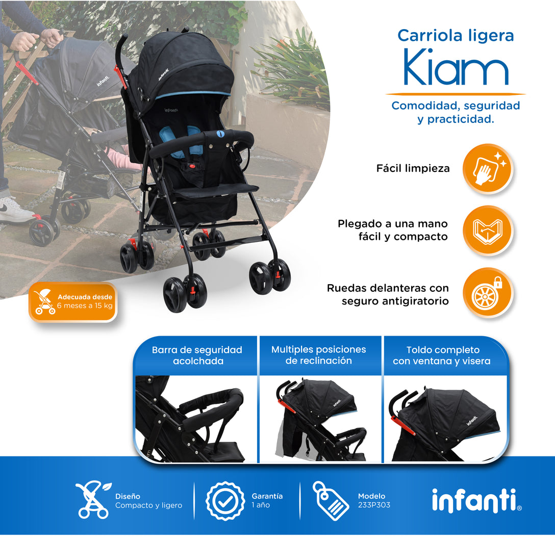 Carriola De Bastón Con Plegado Compacto Kiam  Multiples Reclinaciones, Arnés De 5 puntos, Toldo Completo, Frenos y Ruedas Giratorias Con Seguro Ideal Para Bebes De 6 Meses a 15 kg, Infanti