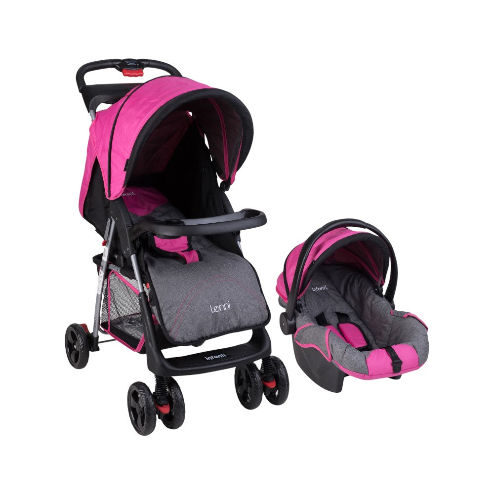 Carriola Travel System Lenni Hasta 15 kg Con Portabebé Autoasiento, Plegado a Una Mano, Reclinado Ajustable, Toldo con Visera, Arnés de Seguridad, Charolas, Canastilla y Frenos Infanti.