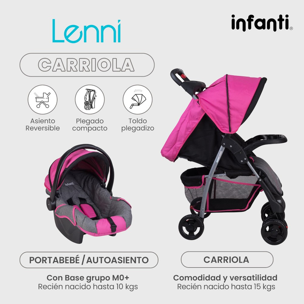 Carriola Travel System Lenni Hasta 15 kg Con Portabebé Autoasiento, Plegado a Una Mano, Reclinado Ajustable, Toldo con Visera, Arnés de Seguridad, Charolas, Canastilla y Frenos Infanti.