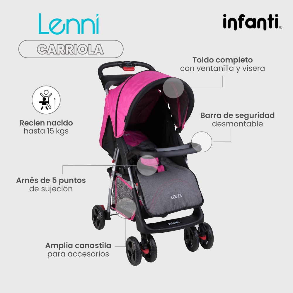 Carriola Travel System Lenni Hasta 15 kg Con Portabebé Autoasiento, Plegado a Una Mano, Reclinado Ajustable, Toldo con Visera, Arnés de Seguridad, Charolas, Canastilla y Frenos Infanti.