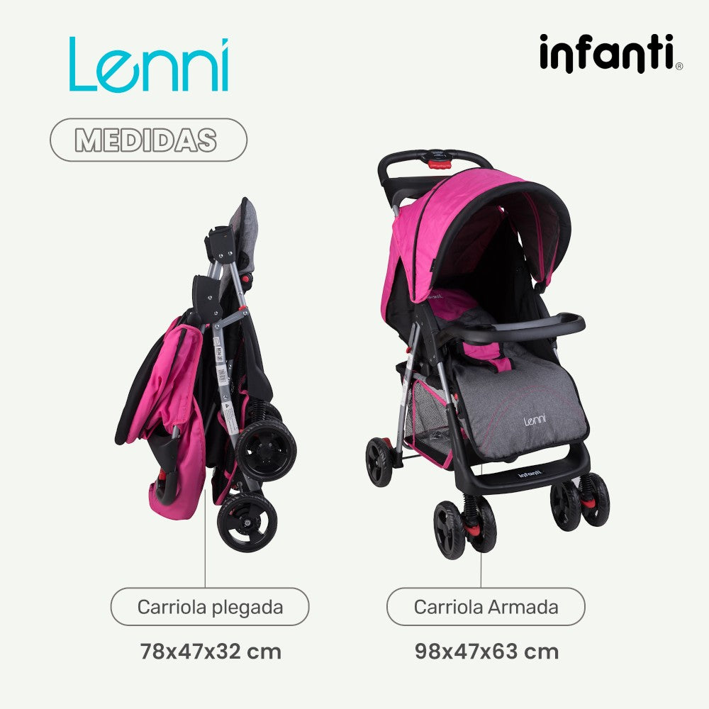 Carriola Travel System Lenni Hasta 15 kg Con Portabebé Autoasiento, Plegado a Una Mano, Reclinado Ajustable, Toldo con Visera, Arnés de Seguridad, Charolas, Canastilla y Frenos Infanti.