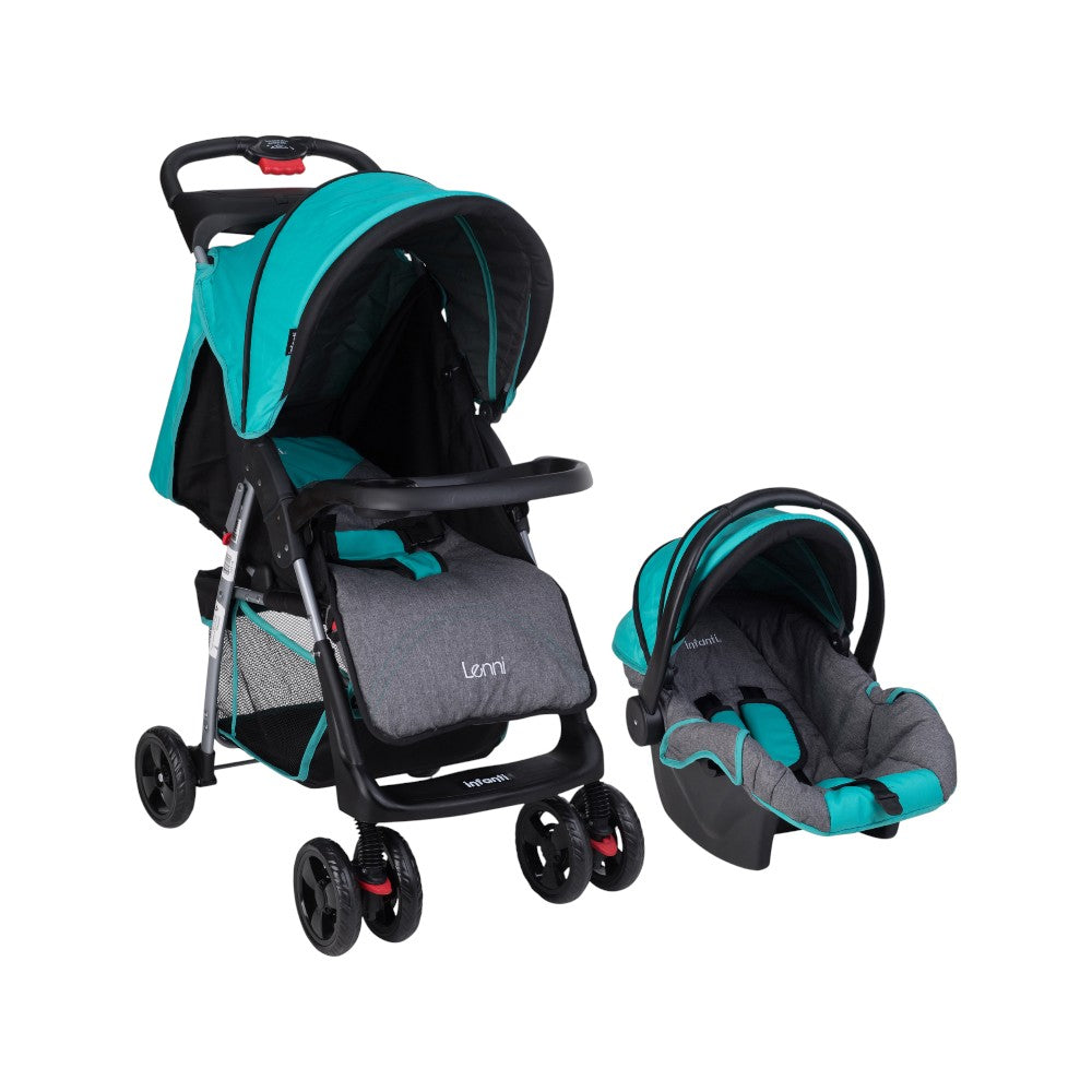 Carriola Travel System Lenni Hasta 15 kg Con Portabebé Autoasiento, Plegado a Una Mano, Reclinado Ajustable, Toldo con Visera, Arnés de Seguridad, Charolas, Canastilla y Frenos Infanti.
