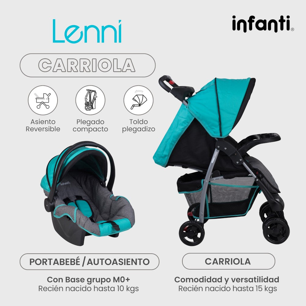 Carriola Travel System Lenni Hasta 15 kg Con Portabebé Autoasiento, Plegado a Una Mano, Reclinado Ajustable, Toldo con Visera, Arnés de Seguridad, Charolas, Canastilla y Frenos Infanti.