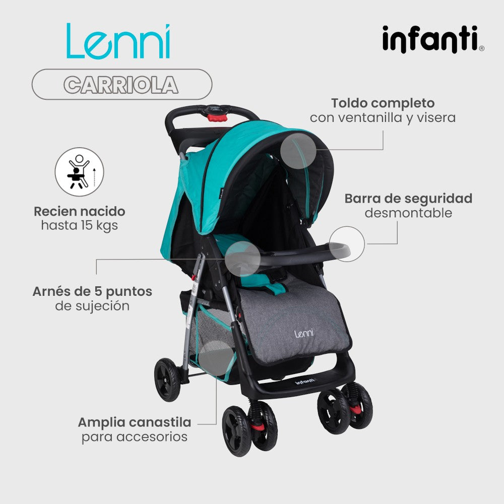 Carriola Travel System Lenni Hasta 15 kg Con Portabebé Autoasiento, Plegado a Una Mano, Reclinado Ajustable, Toldo con Visera, Arnés de Seguridad, Charolas, Canastilla y Frenos Infanti.