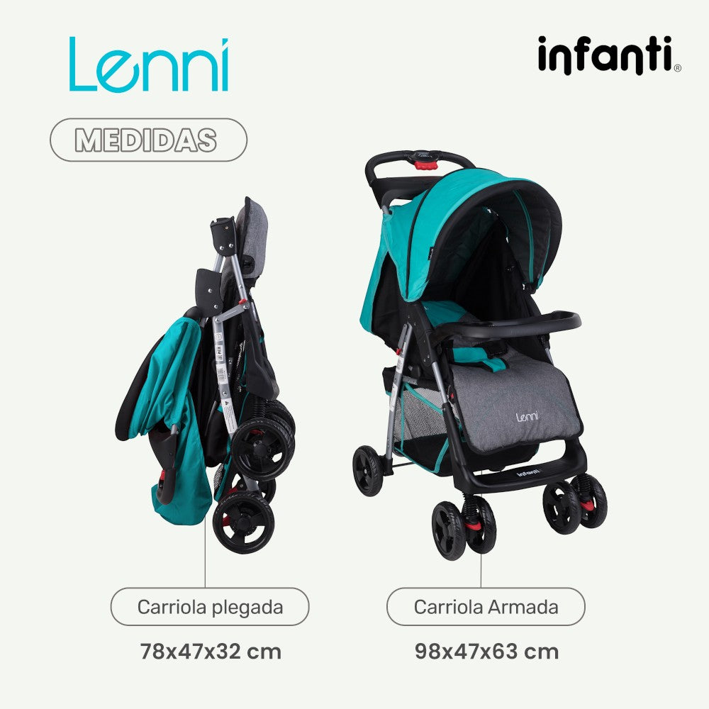 Carriola Travel System Lenni Hasta 15 kg Con Portabebé Autoasiento, Plegado a Una Mano, Reclinado Ajustable, Toldo con Visera, Arnés de Seguridad, Charolas, Canastilla y Frenos Infanti.