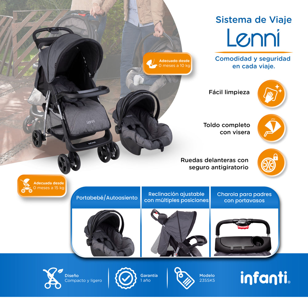 Carriola Travel System Lenni Hasta 15 kg Con Portabebé Autoasiento, Plegado a Una Mano, Reclinado Ajustable, Toldo con Visera, Arnés de Seguridad, Charolas, Canastilla y Frenos Infanti.