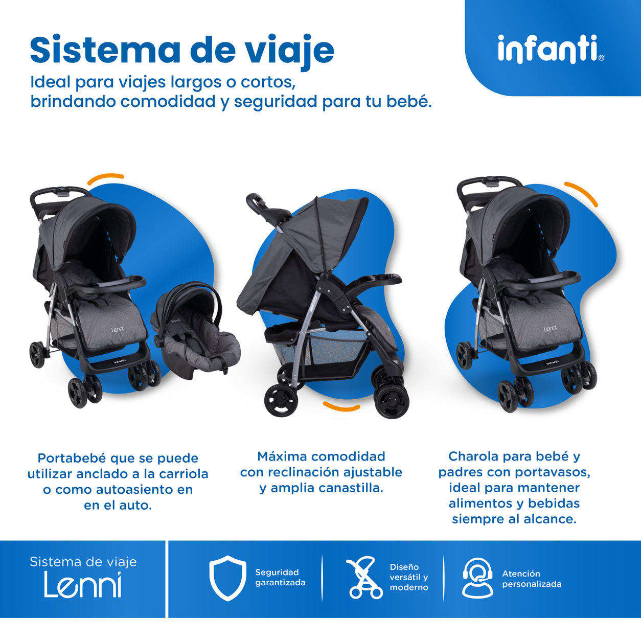 Carriola Travel System Lenni Hasta 15 kg Con Portabebé Autoasiento, Plegado a Una Mano, Reclinado Ajustable, Toldo con Visera, Arnés de Seguridad, Charolas, Canastilla y Frenos Infanti.