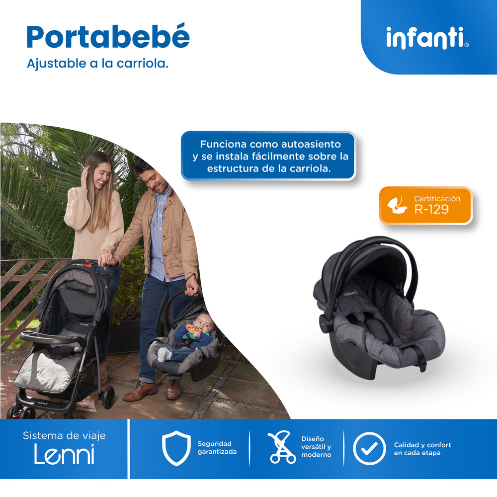 Carriola Travel System Lenni Hasta 15 kg Con Portabebé Autoasiento, Plegado a Una Mano, Reclinado Ajustable, Toldo con Visera, Arnés de Seguridad, Charolas, Canastilla y Frenos Infanti.