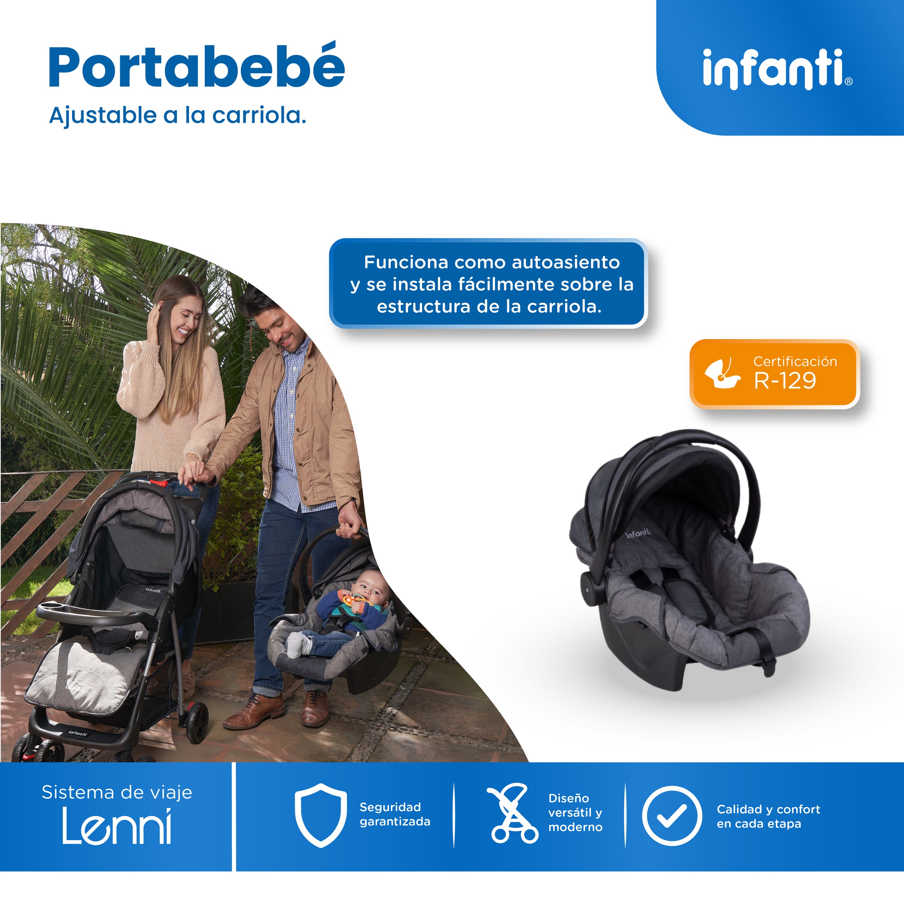 Carriola Travel System Lenni Hasta 15 kg Con Portabebé Autoasiento, Plegado a Una Mano, Reclinado Ajustable, Toldo con Visera, Arnés de Seguridad, Charolas, Canastilla y Frenos Infanti.