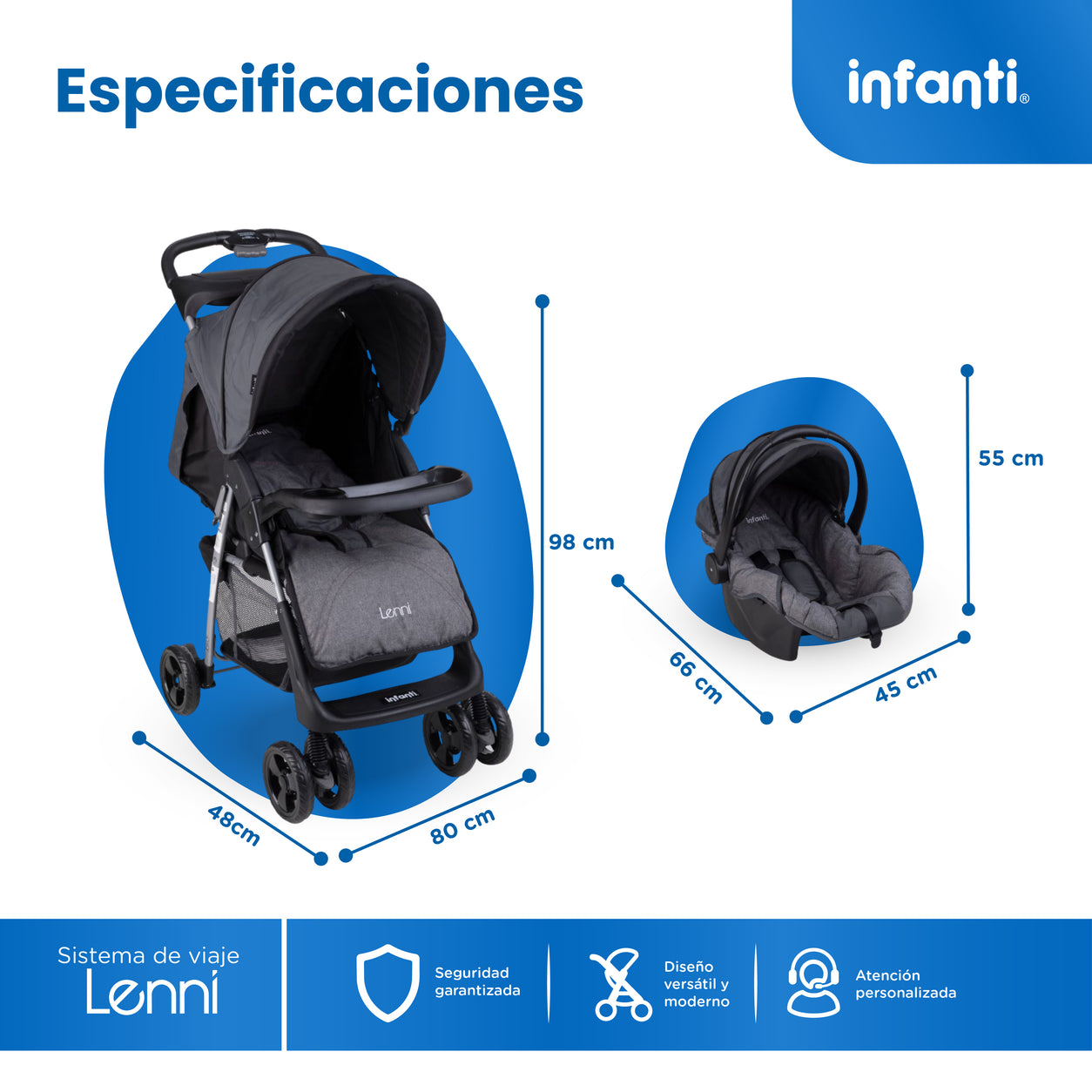 Carriola Travel System Lenni Hasta 15 kg Con Portabebé Autoasiento, Plegado a Una Mano, Reclinado Ajustable, Toldo con Visera, Arnés de Seguridad, Charolas, Canastilla y Frenos Infanti.