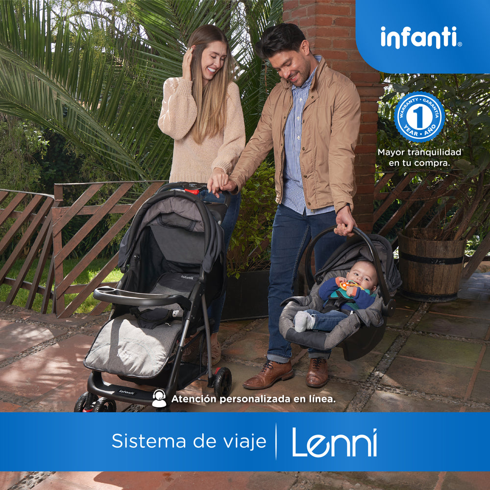Carriola Travel System Lenni Hasta 15 kg Con Portabebé Autoasiento, Plegado a Una Mano, Reclinado Ajustable, Toldo con Visera, Arnés de Seguridad, Charolas, Canastilla y Frenos Infanti.