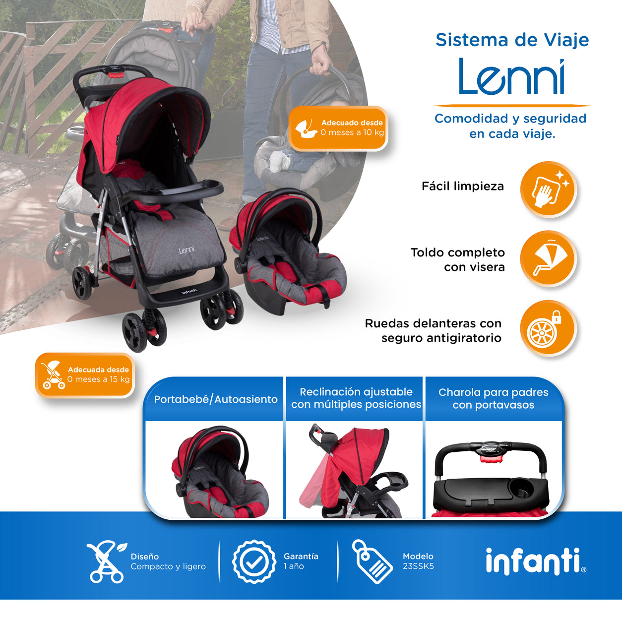 Carriola Travel System Lenni Hasta 15 kg Con Portabebé Autoasiento, Plegado a Una Mano, Reclinado Ajustable, Toldo con Visera, Arnés de Seguridad, Charolas, Canastilla y Frenos Infanti.