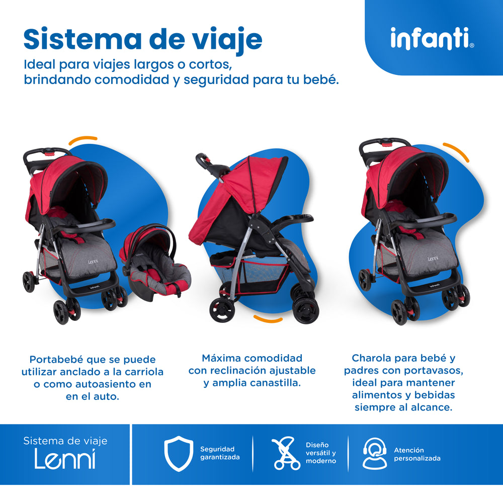 Carriola Travel System Lenni Hasta 15 kg Con Portabebé Autoasiento, Plegado a Una Mano, Reclinado Ajustable, Toldo con Visera, Arnés de Seguridad, Charolas, Canastilla y Frenos Infanti.