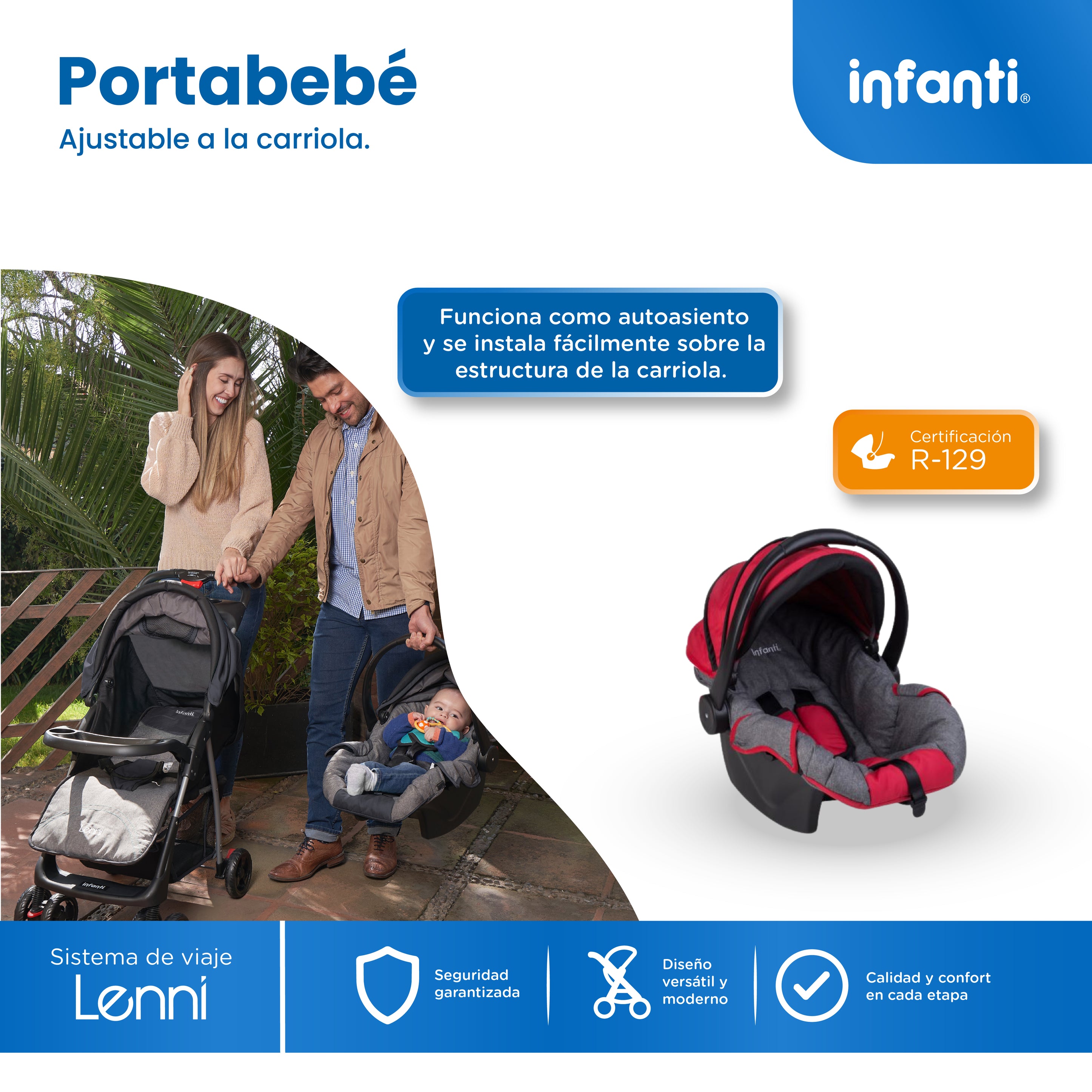 Carriola Travel System Lenni Hasta 15 kg Con Portabebé Autoasiento, Plegado a Una Mano, Reclinado Ajustable, Toldo con Visera, Arnés de Seguridad, Charolas, Canastilla y Frenos Infanti.