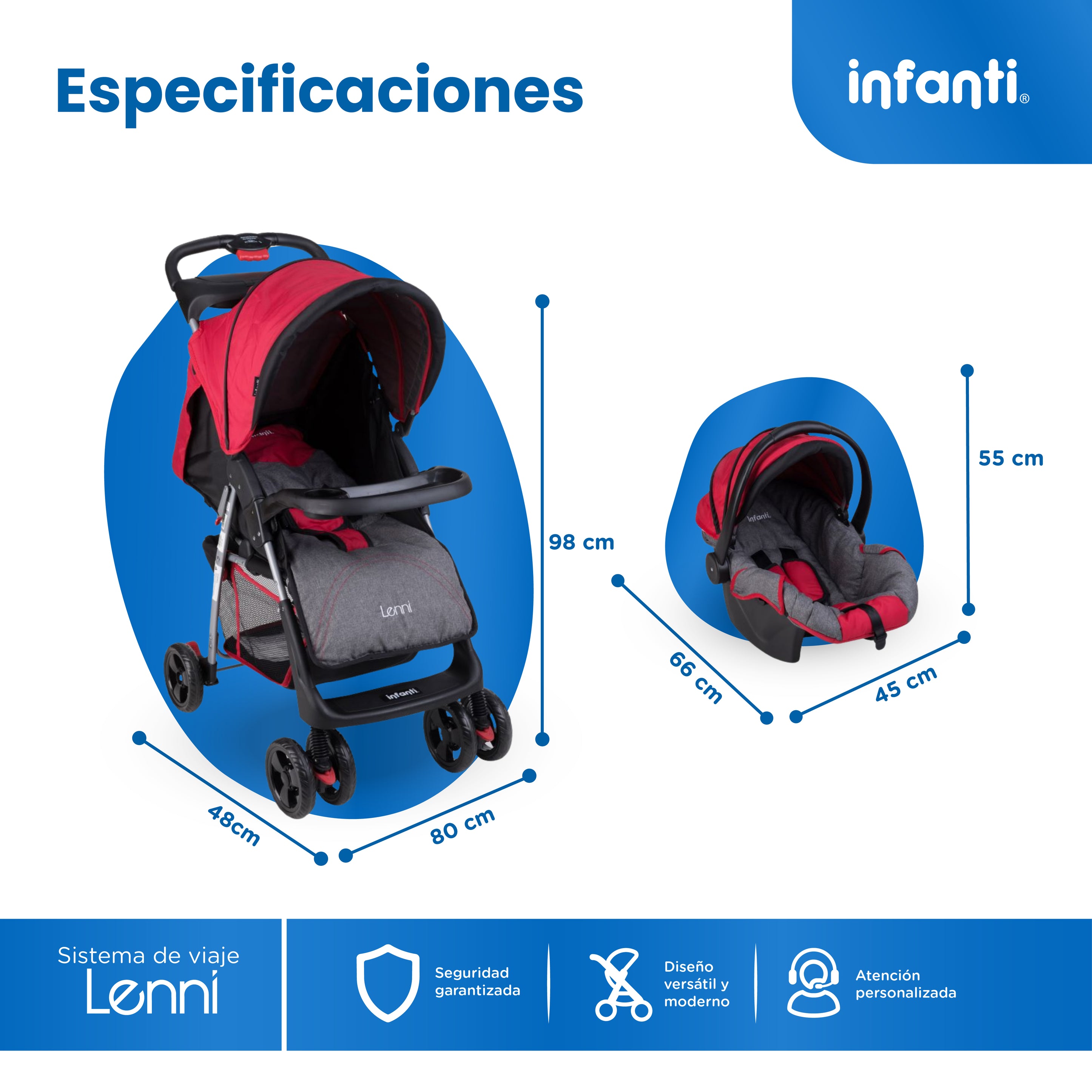 Carriola Travel System Lenni Hasta 15 kg Con Portabebé Autoasiento, Plegado a Una Mano, Reclinado Ajustable, Toldo con Visera, Arnés de Seguridad, Charolas, Canastilla y Frenos Infanti.