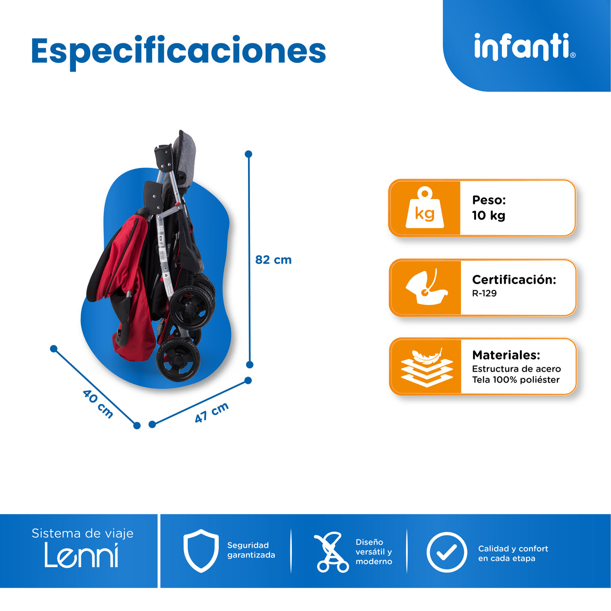 Carriola Travel System Lenni Hasta 15 kg Con Portabebé Autoasiento, Plegado a Una Mano, Reclinado Ajustable, Toldo con Visera, Arnés de Seguridad, Charolas, Canastilla y Frenos Infanti.