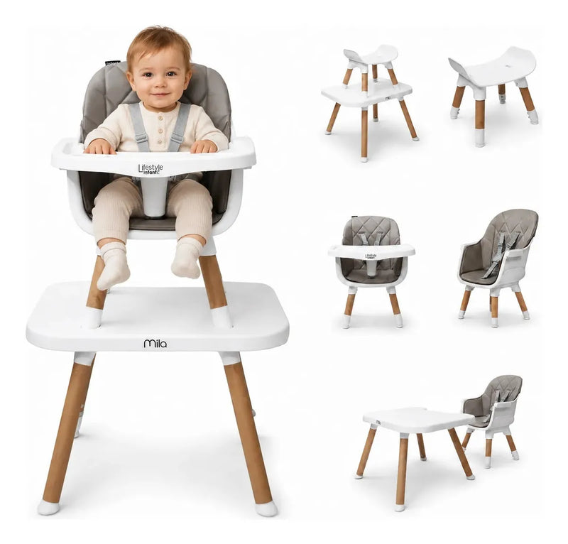 Silla Alta 6 en 1, Mila, Silla Pequeña, Banco Alto, Banquito, Mesa con Sillita y Mesa con Banco, Arnés de 5 Puntos, Charola Ajustable y Funda Lavable, Hasta 25 kg. Lifestyle By Infanti