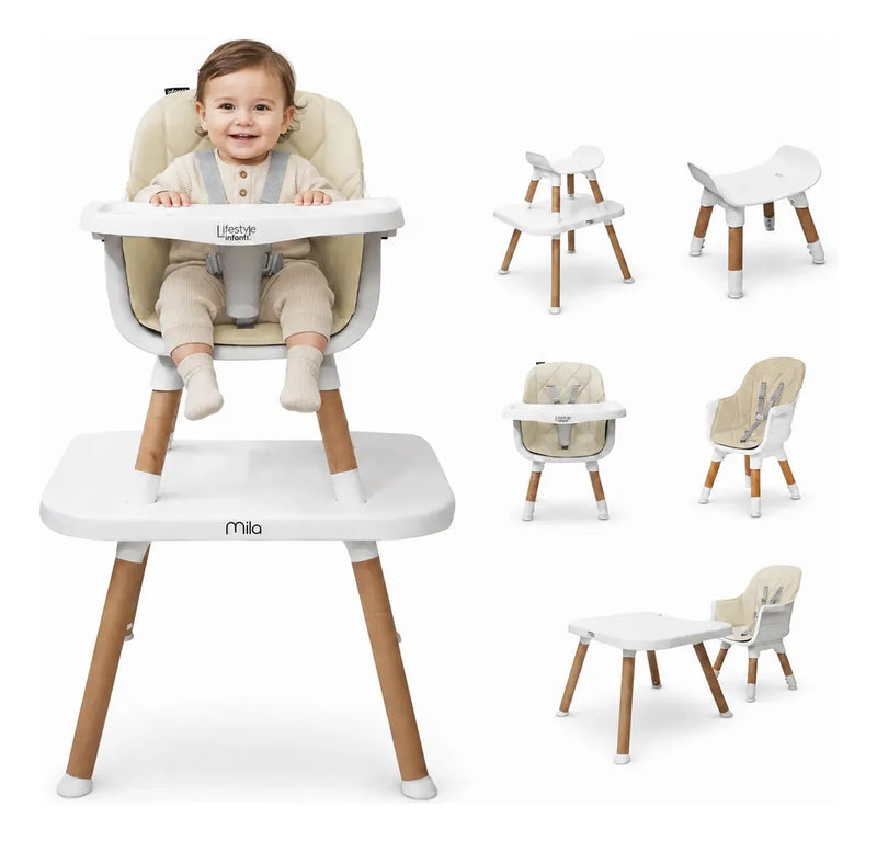 Silla Alta 6 en 1, Mila, Silla Pequeña, Banco Alto, Banquito, Mesa con Sillita y Mesa con Banco, Arnés de 5 Puntos, Charola Ajustable y Funda Lavable, Hasta 25 kg. Lifestyle By Infanti