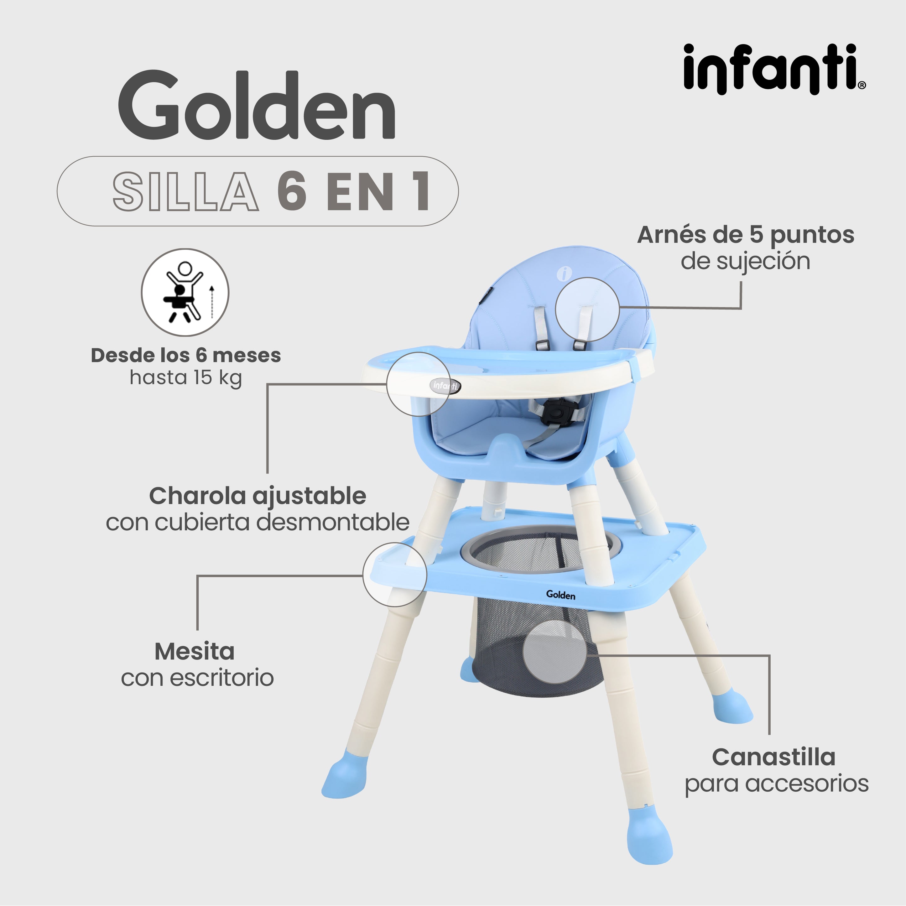Silla Alta Infanti 6 en 1 Golden Multifuncional Con Charola Y Mesa De Actividades