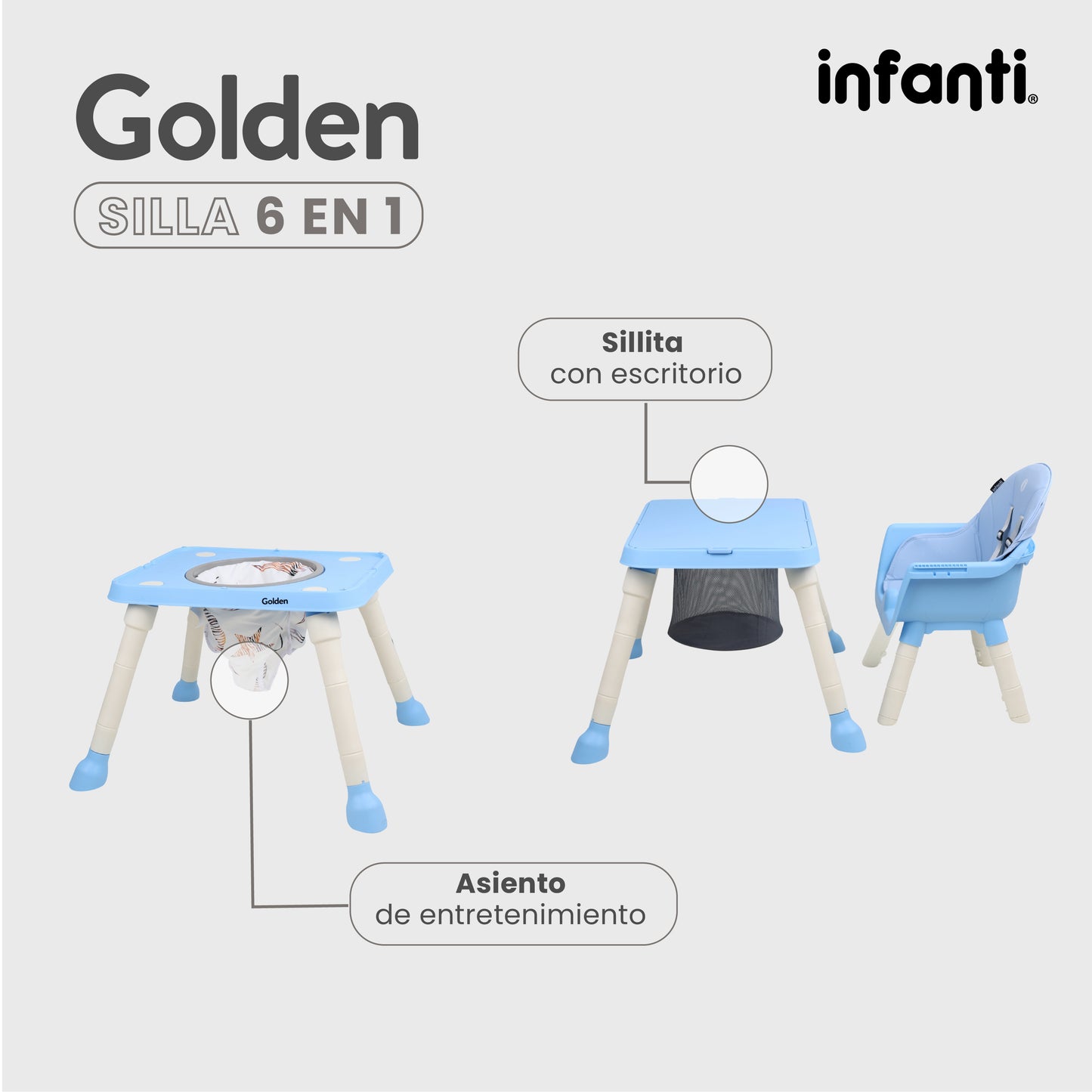 Silla Alta Infanti 6 en 1 Golden Multifuncional Con Charola Y Mesa De Actividades