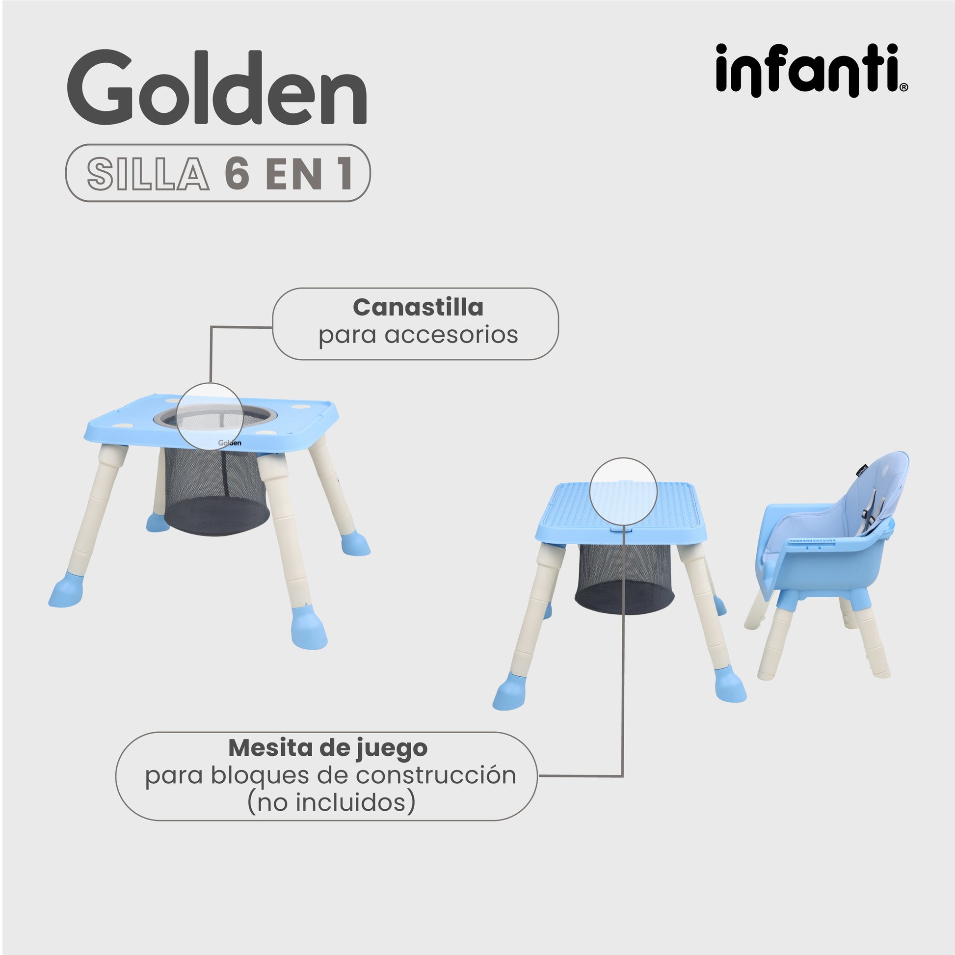 Silla Alta Infanti 6 en 1 Golden Multifuncional Con Charola Y Mesa De Actividades