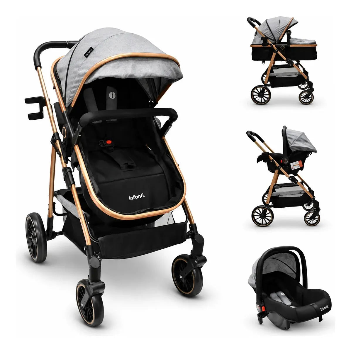 Carriola Sistema de Viaje Welly Convertible a Bambineto Negro con Portabebé Grupo0+, Asiento Reversible, Reclinado Ajustable, Arnés de 5 Puntos, Toldo Plegable, Cubrepiés y Canastilla Amplia para Bebé